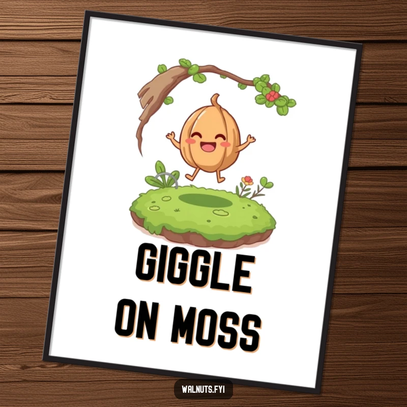 Funny giggling walnut character bouncing happily on a mossy patch, high-resolution digital art print for humorous decor.