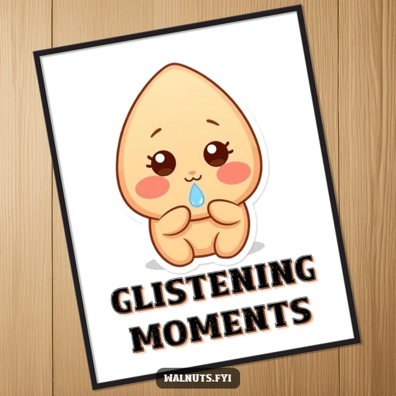 Funny shy light brown almond character with rosy cheeks, offering a glistening dewdrop, a symbol of instant gentle sweetness.