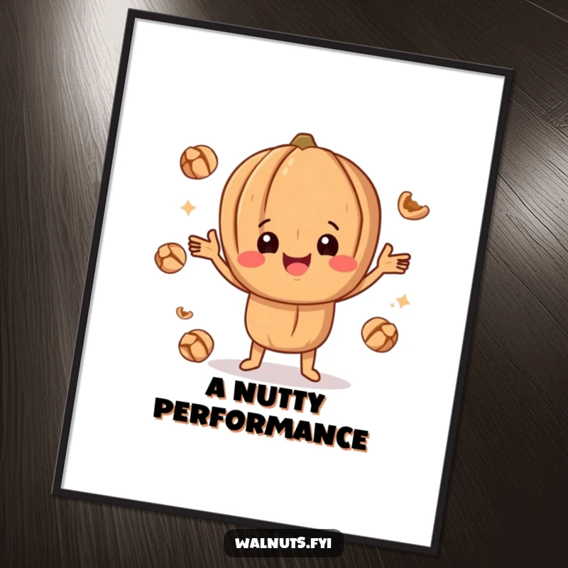 Funny happy walnut character juggling smaller walnut pieces, a vibrant and humorous digital art print.