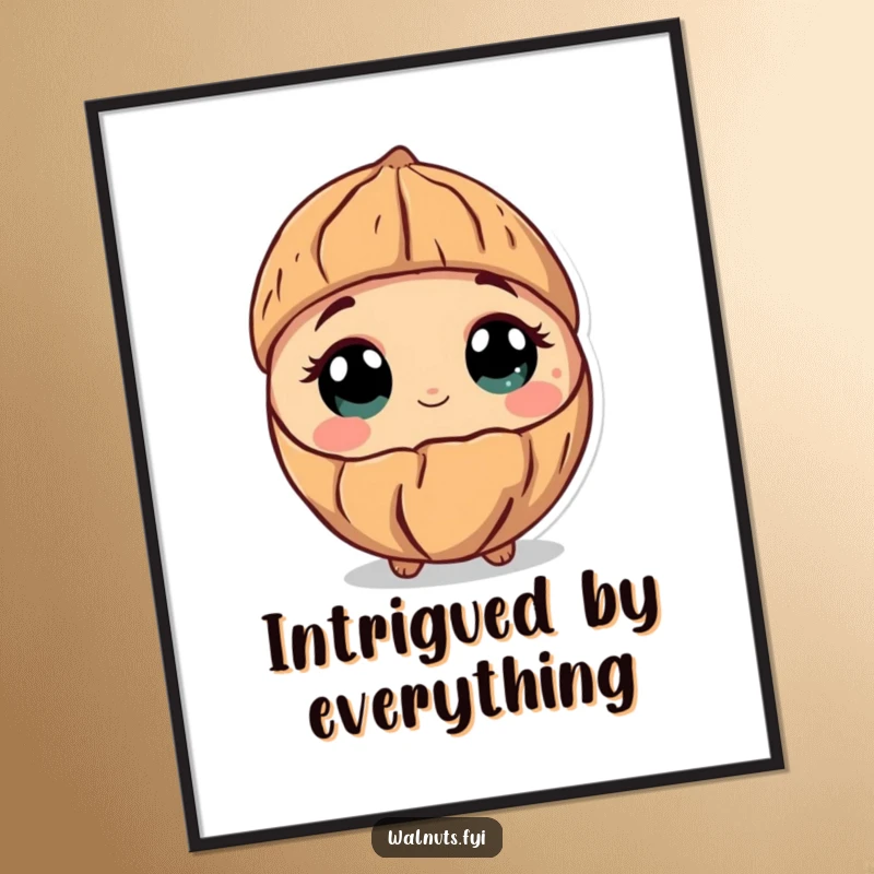 Funny digital art print of a curious walnut tilting its shell inquisitively, its wide eyes filled with wonder.