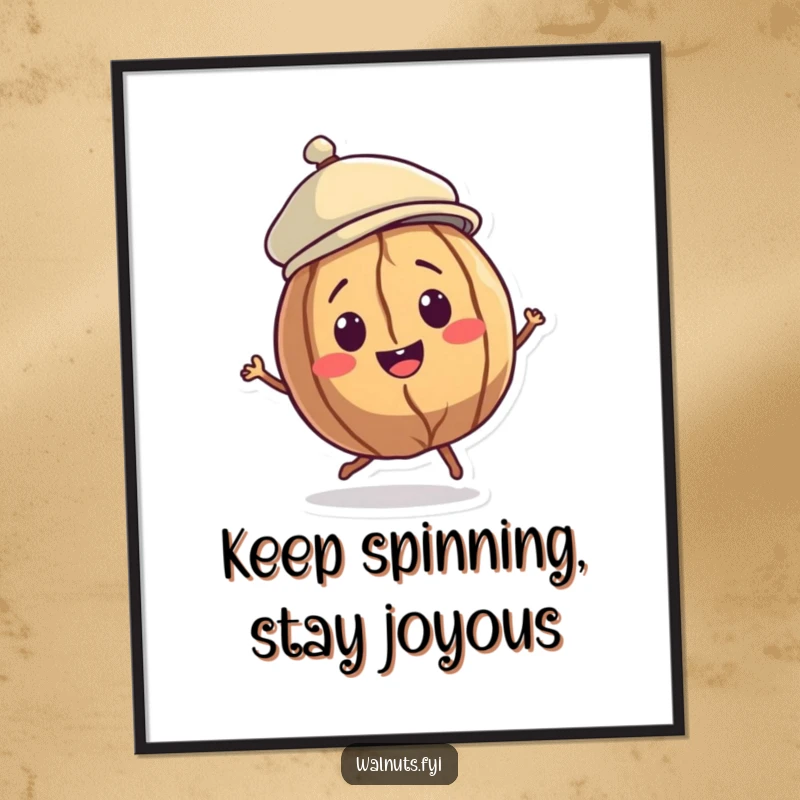 Funny Walnut Dancer Digital Art Print featuring a smiling walnut character in a jaunty cap, doing a little spin, adding playful energy.