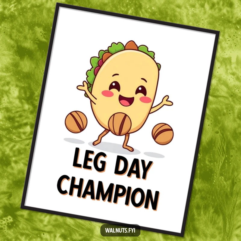 Funny digital art print of a smiling taco character juggling walnuts with its legs, ready to decorate.