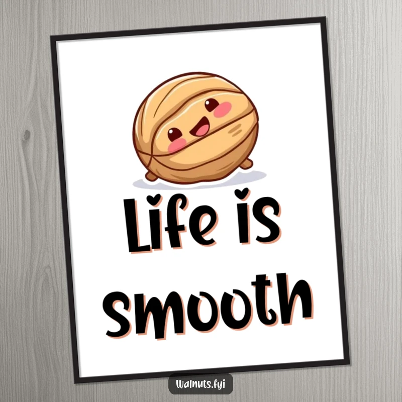 Funny digital art print of a playful walnut sliding down a smooth surface with a joyful expression, pure nutty fun.