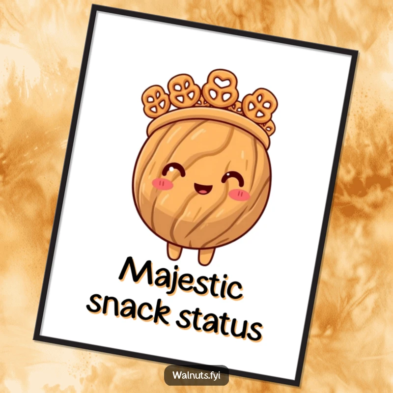 Funny digital art of a proud walnut wearing a crown made of miniature pretzel bites, looking exceptionally regal.