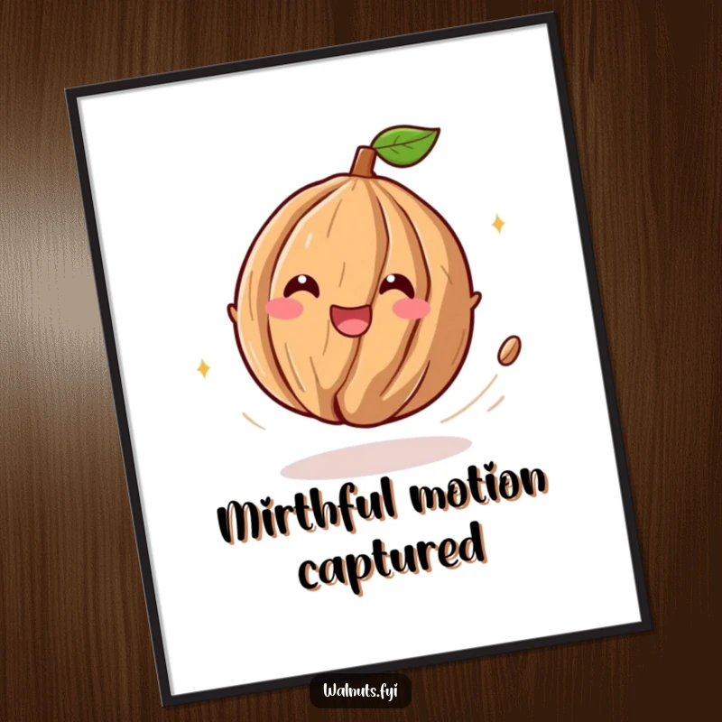 Funny digital art print of a playful walnut character spinning with delighted abandon, trailing mirth and pure happiness.