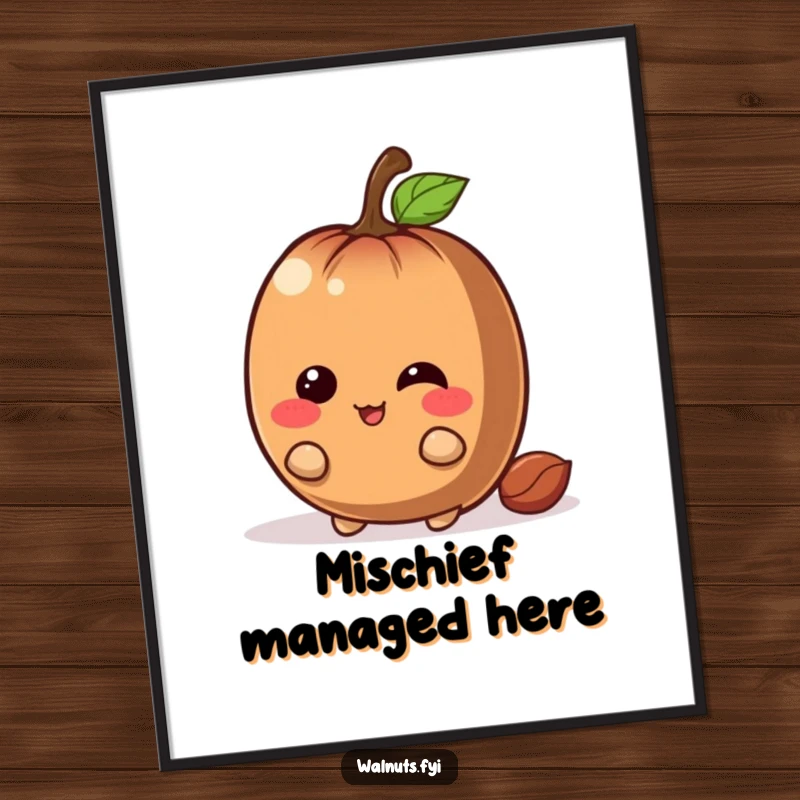 Funny chestnut digital art print of a giggling brown character with a mischievous grin hiding behind a large nut, for humorous decor.