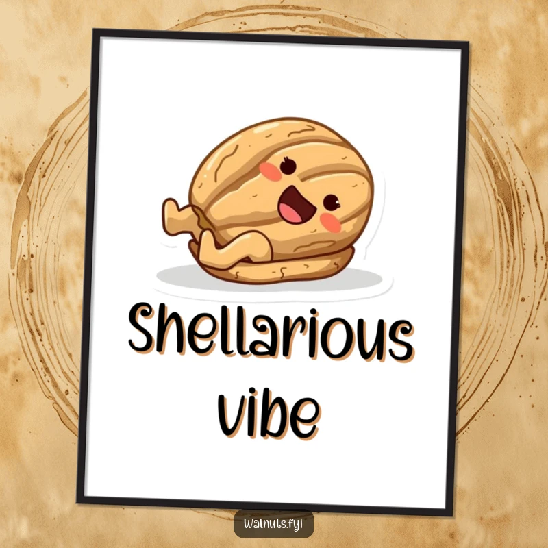 Funny digital art print of a happy walnut character sliding down a polished surface on its shell.