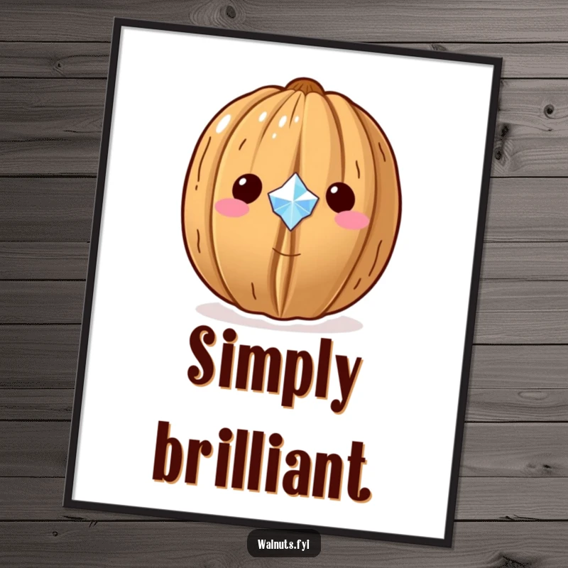 Funny Kawaii walnut digital art print, a walnut proudly showing off a tiny sparkling gem, perfect for decorative charm.