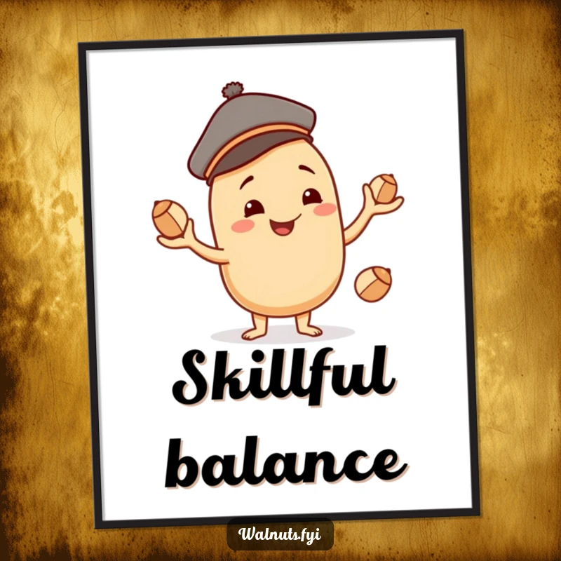 Funny smiling beige cashew character with a jaunty cap, juggling three smaller nuts, showcasing impressive playful skill.