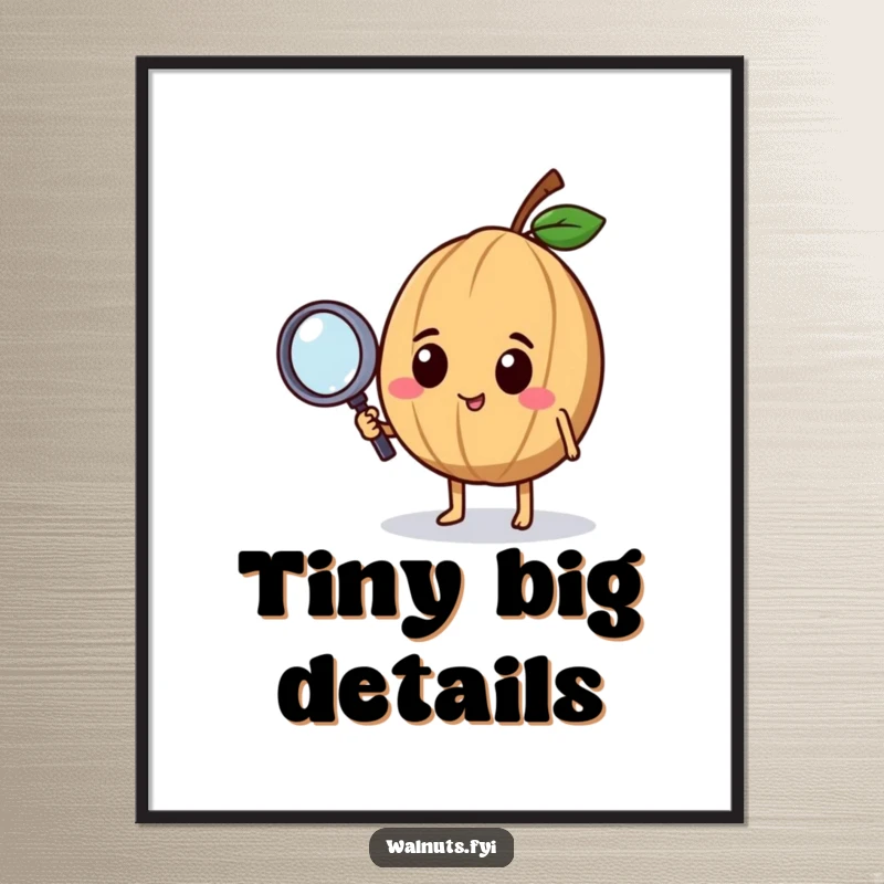 Funny digital art print of a curious walnut character holding a magnifying glass, ideal for instant download and display.