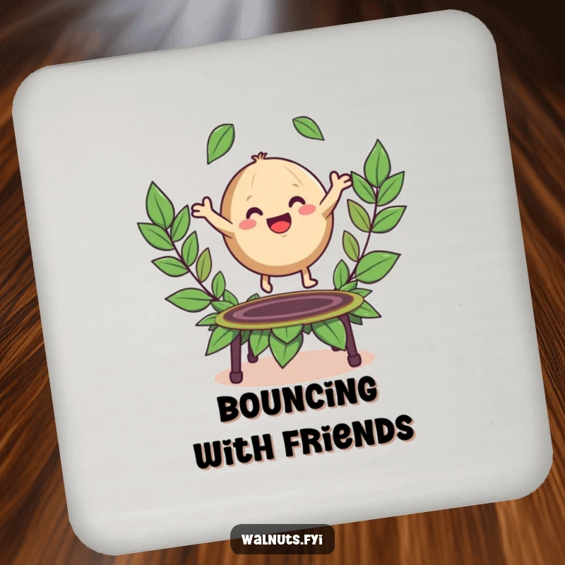 Funny drink coaster featuring a happy, round walnut character bouncing playfully on a trampoline made of leaves.