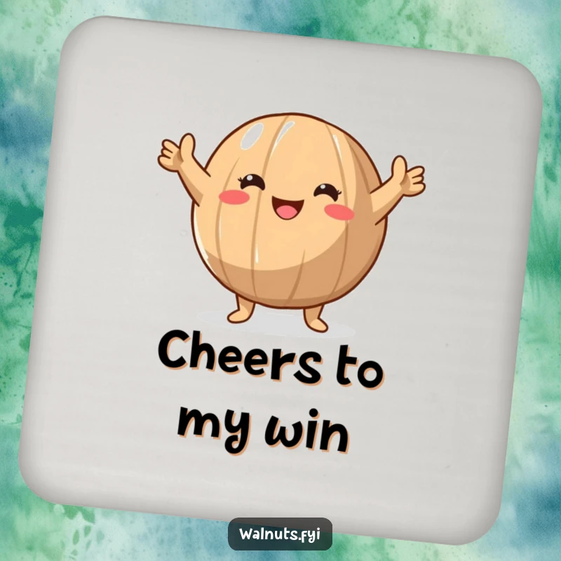 Funny Walnut Victory Coasters (Set of 4) showing a round walnut character raising its arms in a triumphant gesture, adding nutty humor to tabletops.