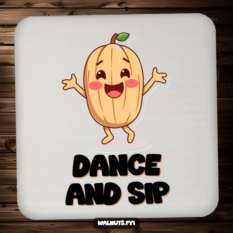 Funny playful walnut character doing a happy dance, protecting surfaces with nutty charm and humor.