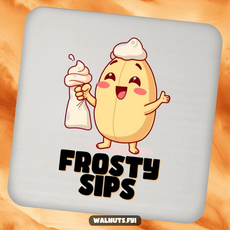 Funny coaster featuring a delighted macadamia nut pointing at frosting, adding playful protection to tabletops.