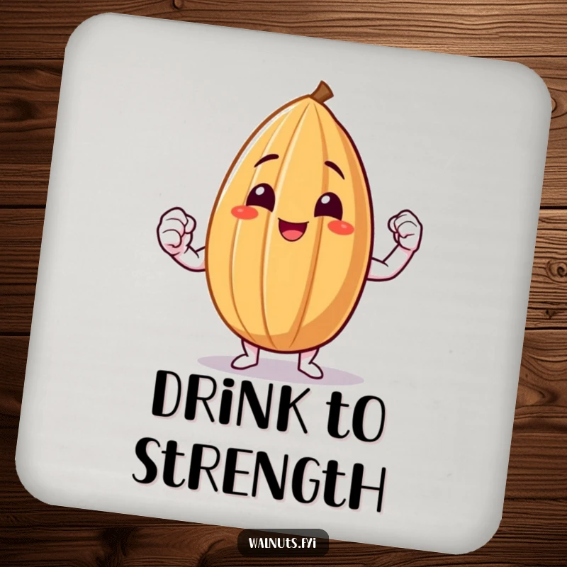 Funny Almond Flex Drink Coasters featuring a smiling almond triumphantly flexing a small muscle.