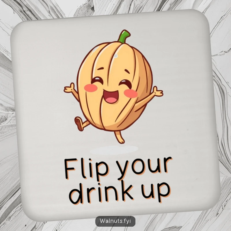 Funny coaster with a cheerful walnut character doing a happy flip, protecting surfaces with playful humor.