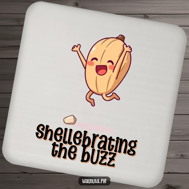 Funny drink coaster featuring an anthropomorphic walnut in a triumphant mid-air jump, symbolizing victory after a hard climb.