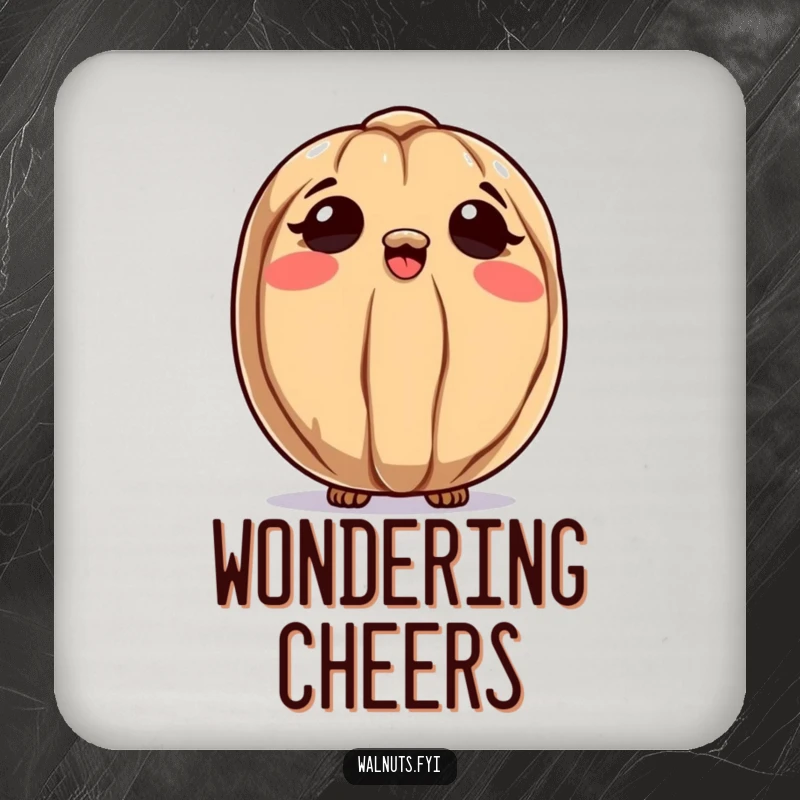 Funny drink coaster featuring a curious walnut character looking up at the sky, adding a touch of wonder while protecting surfaces.