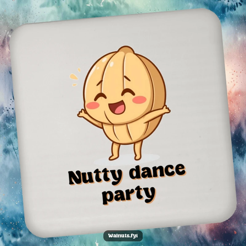 Funny Dancing Walnut Coaster featuring a happy walnut character performing a silly dance, protecting surfaces.