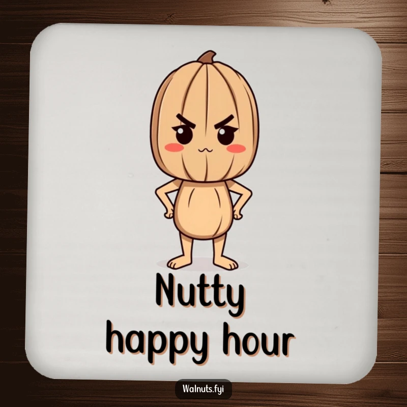 Funny drink coaster featuring a determined walnut character standing tall and proud, offering protection with a resilient attitude.