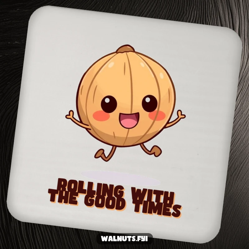 Funny coaster with a smiling walnut character with tiny legs scampering energetically, protecting surfaces with humor.
