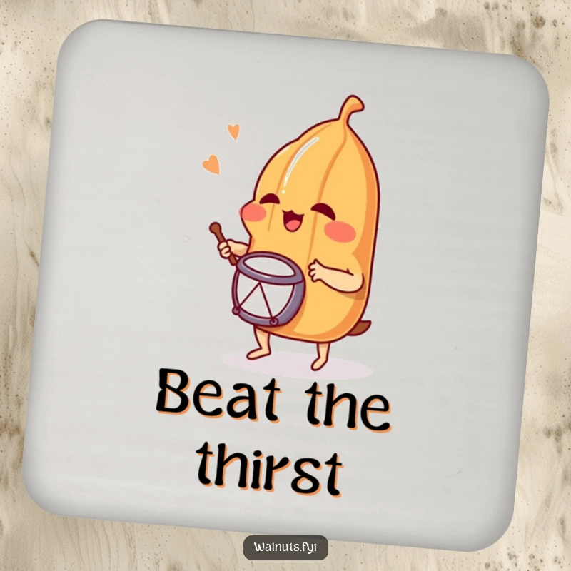 Funny drink coaster featuring a giggling pecan playing a drum, protecting surfaces with musical humor and nutty charm.