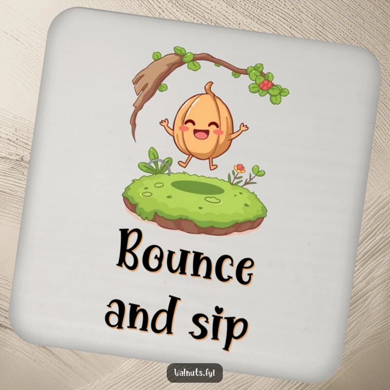 Funny giggling walnut character happily bouncing on a mossy patch, printed on a decorative and humorous drink coaster.