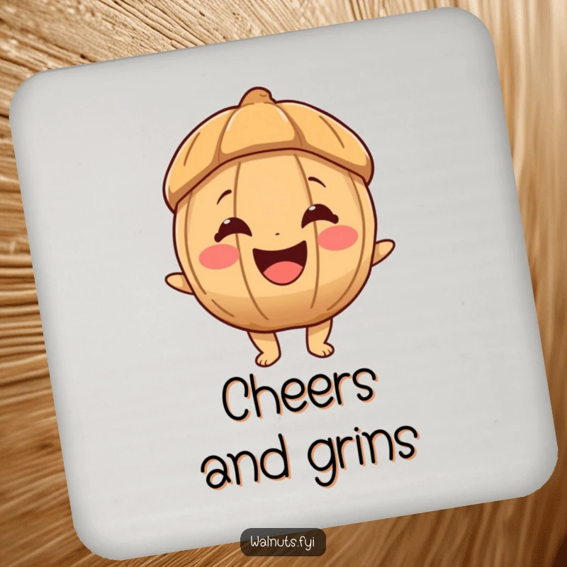 Funny drink coaster featuring a joyous walnut character with a big, happy smile, adding cheer while protecting surfaces.