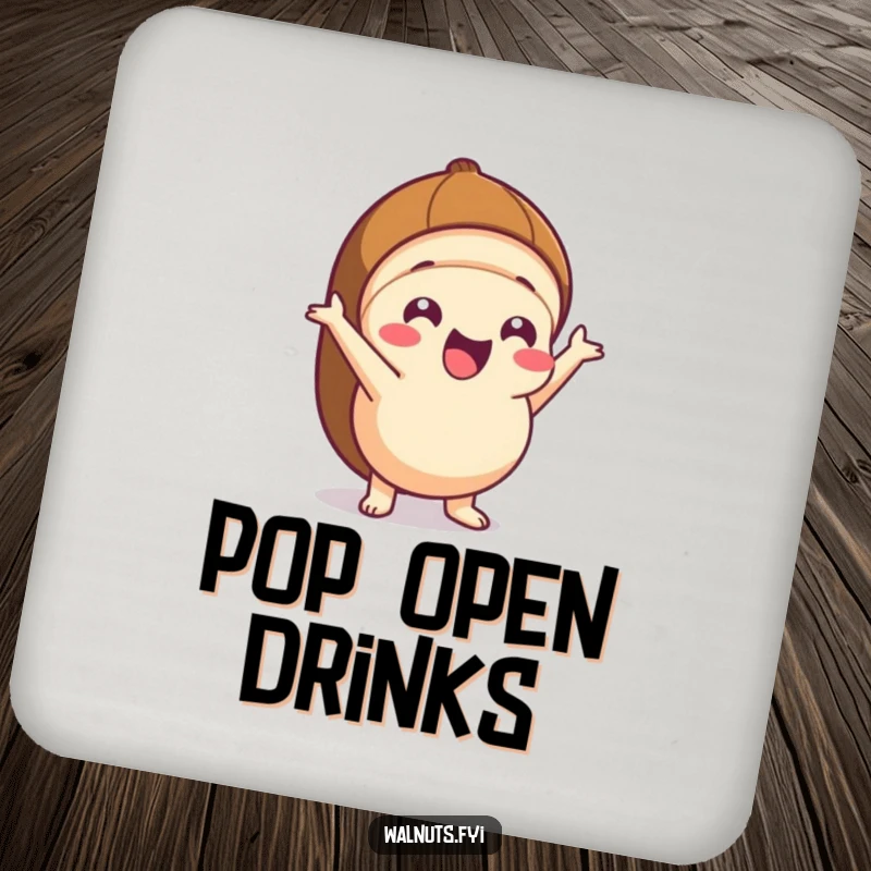 Funny Kawaii hazelnut drink coaster showing an excited character popping out of its shell, perfect for adding animated charm.