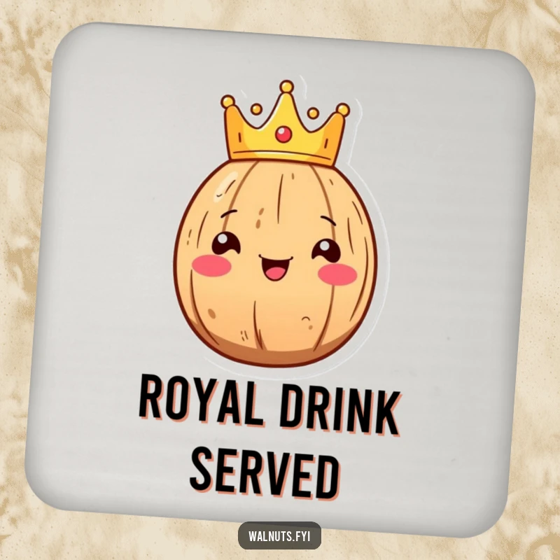 Funny Kawaii walnut coasters with a smiling walnut character wearing a tiny crown, protecting surfaces.