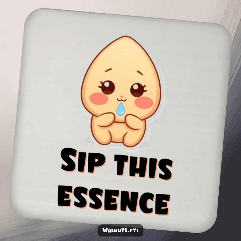 Funny shy light brown almond character with rosy cheeks, offering a dewdrop, a gentle protector for your drink surfaces.