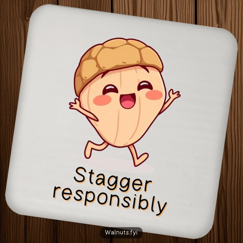 Funny drink coaster featuring a giggling walnut character doing a funny little stagger, great for parties.