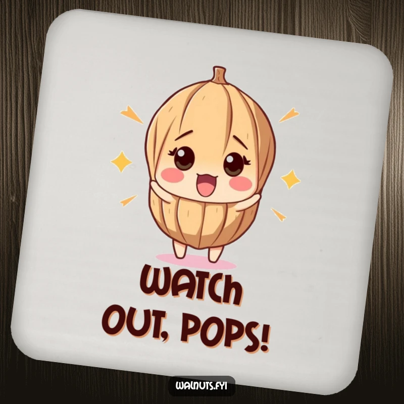 Funny drink coasters featuring a surprised walnut recoiling from a pop, protecting furniture with humorous and quirky designs.