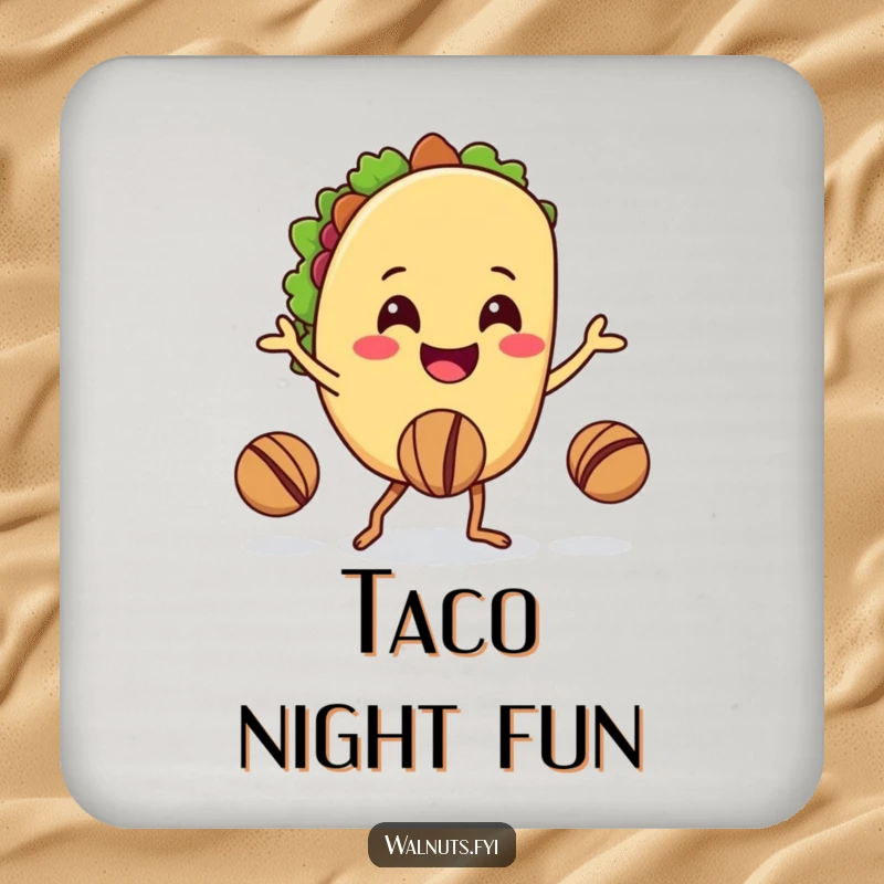 Funny drink coaster featuring a happy taco character juggling walnuts with its legs, adding a humorous touch.