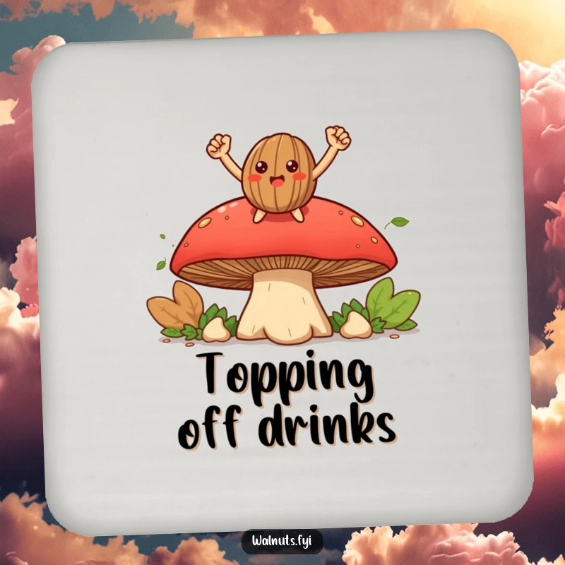 Funny smiling walnut character triumphantly perched on a large mushroom, printed on a decorative and humorous drink coaster.