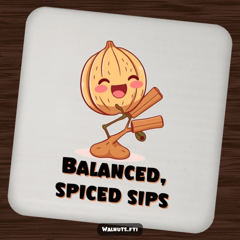 Funny coaster art of a thrilled walnut balancing a tiny branch of cinnamon, bringing cheer to your table.
