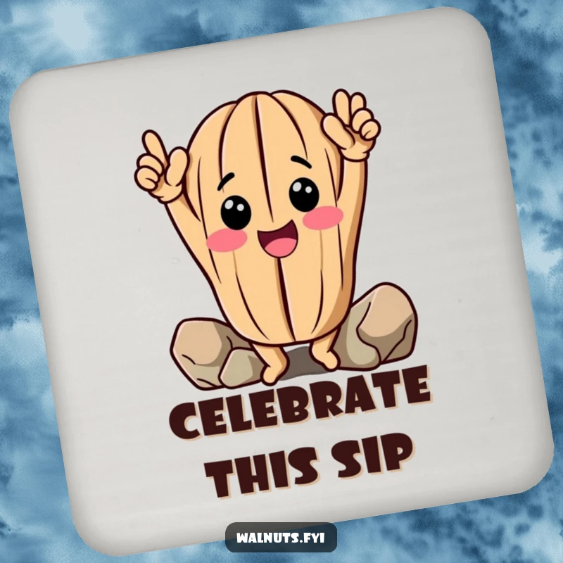 Funny Walnut Coasters: Cheerful anthropomorphic walnut celebrates climbing, set of humorous coasters.