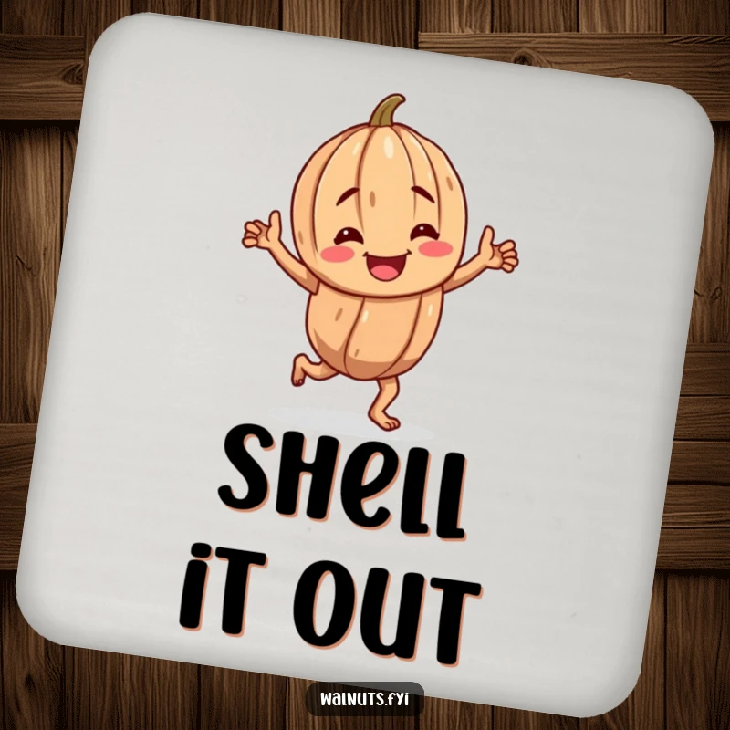 Funny drink coaster with a cheerful, gnarled walnut character doing a happy jig, great for parties.