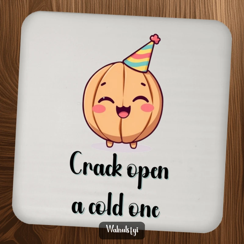 Funny Walnut Coaster: Cheerful winking walnut with a party hat, protecting surfaces with style, funny gift.