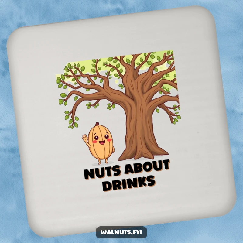 Funny drink coaster with a cheerful walnut character saluting a majestic oak tree, protecting surfaces with a touch of woodland humor.