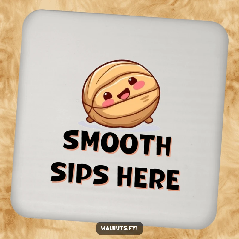 Funny drink coaster featuring a playful walnut sliding down a smooth surface with a joyful expression, adding nutty flair.