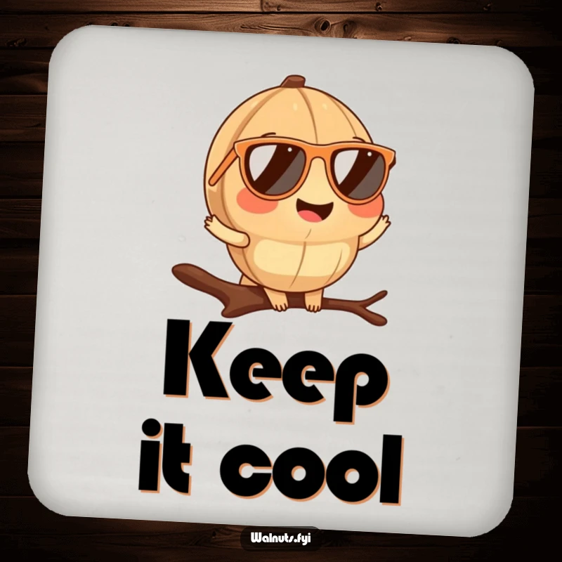 Protective funny walnut sunglasses drink coaster featuring a cool walnut posing on a branch, adding suave to tables.