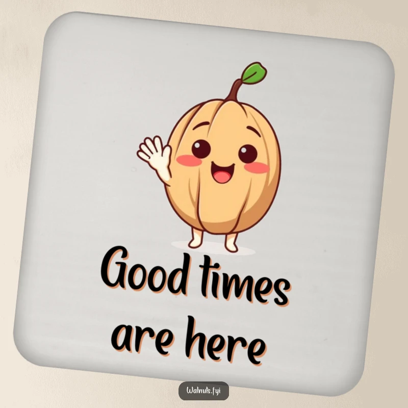 Funny drink coaster with a delighted walnut character waving hello, protecting surfaces with a smile.