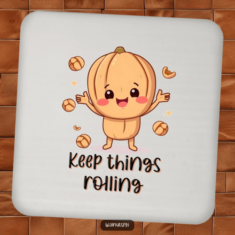 Funny happy walnut character juggling smaller walnut pieces, protecting surfaces with nutty charm and humor.