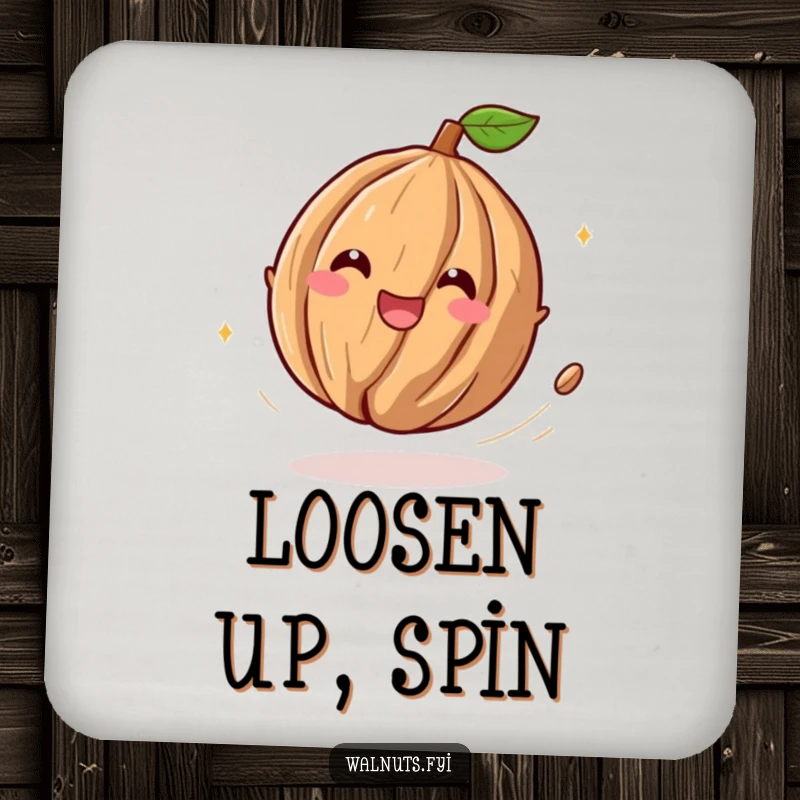Funny drink coasters showcasing a playful walnut character spinning with delighted abandon, bringing mirth to any surface.
