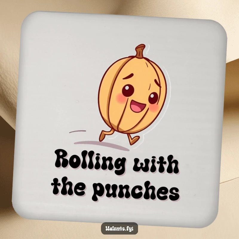 Funny coaster with a happy walnut character with a determined look, rolling downhill with purposeful energy.