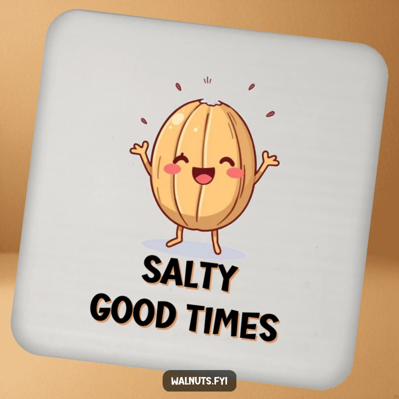 Funny drink coaster with a happy walnut doing a jig, lightly salted, offering protection with nutty cheer.
