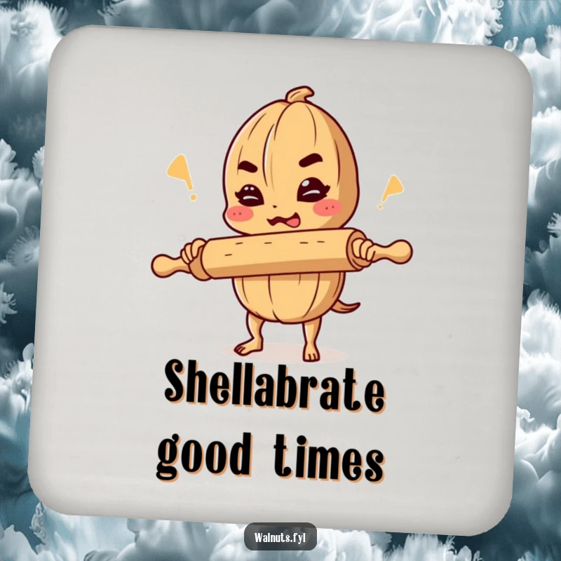 Funny drink coaster featuring a determined walnut comedian balancing a rolling pin and cracking a joke, ideal for parties.