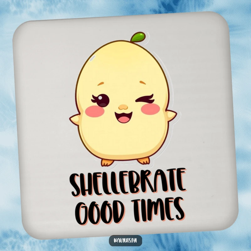 Funny Kawaii Pistachio Coaster featuring a giggling character with a mischievous wink, adding a touch of humor to any surface. Nice funny gift.