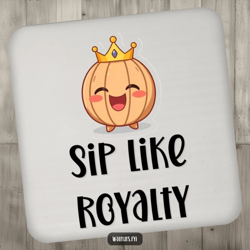 Funny coasters featuring a laughing walnut character wearing a tiny crown, protecting surfaces with royal charm.